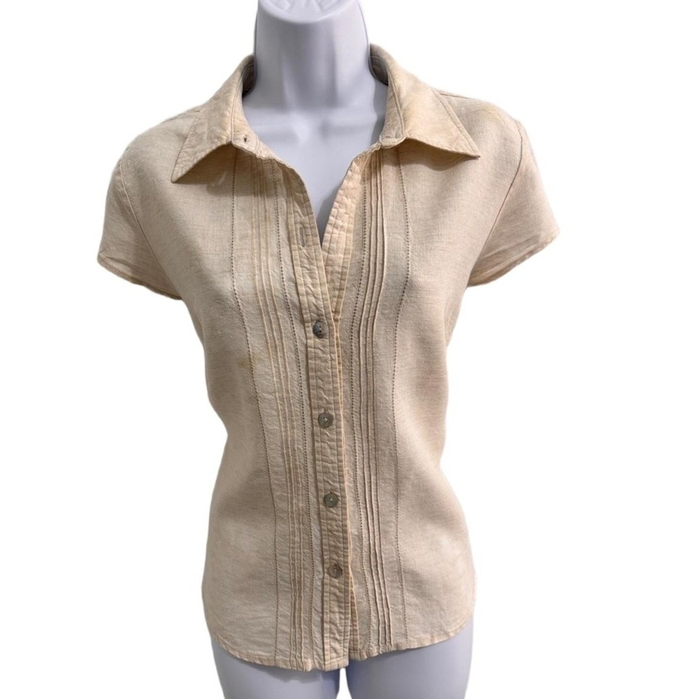 Caribbean Joe Blouse Womens Large 100% Linen Beige Button Down Summer Cap Sleeve